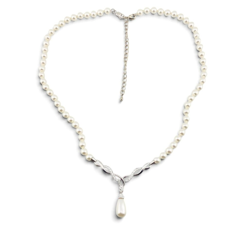 Vintage Sterling Silver CZ Faux Pearl Necklace 925 AU Adjustable 21.5 in